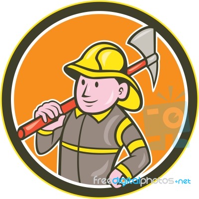 Fireman Firefighter Axe Circle Cartoon Stock Image