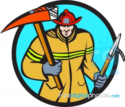 Fireman Firefighter Fire Axe Hook Circle Retro Stock Image