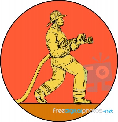 Fireman Firefighter Holding Fire Hose Circle Drawing Stock Image