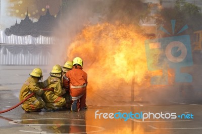 Fireman. Firefighters Fighting Fire During Training Stock Photo