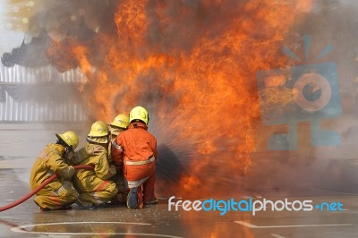 Fireman. Firefighters Fighting Fire During Training Stock Photo