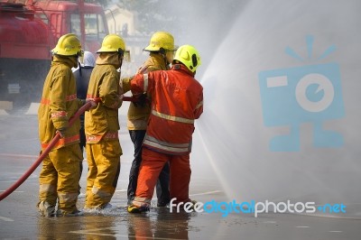 Fireman. Firefighters Fighting Fire During Training Stock Photo