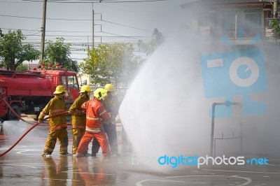 Fireman. Firefighters Fighting Fire During Training Stock Photo