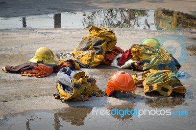 Fireman. Firefighters Fighting Fire During Training Stock Photo