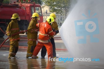 Fireman. Firefighters Fighting Fire During Training Stock Photo