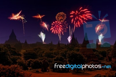 Firework Celebration At Old City Bagan, Myanmar Stock Photo