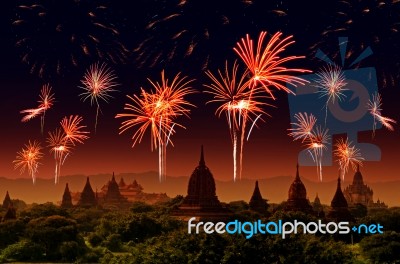 Firework Celebration At Old City Bagan, Myanmar Stock Photo