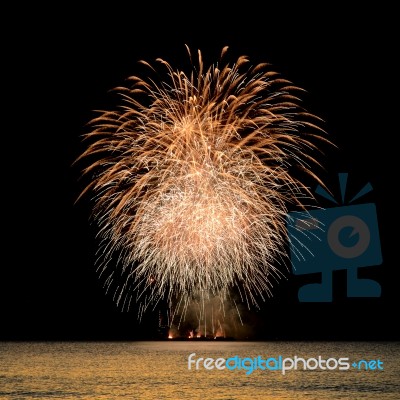 Firework Celebration From The Sea Shore Stock Photo