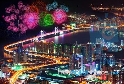 Firework Festival At Gwangan Bridge In Busan,south Korea Stock Photo