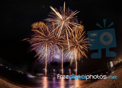 Fireworks At Pattaya Beach, Thailand Stock Photo