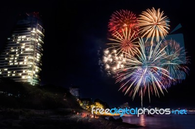 Fireworks At Pattaya Beach, Thailand Stock Photo