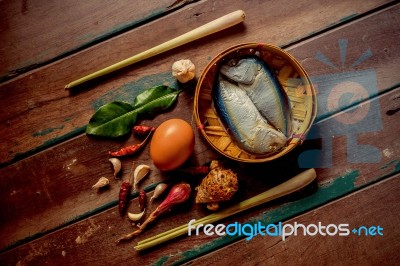 Fish And Cooking On Wood Stock Photo