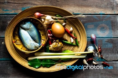 Fish And Spices In A  Tray Stock Photo