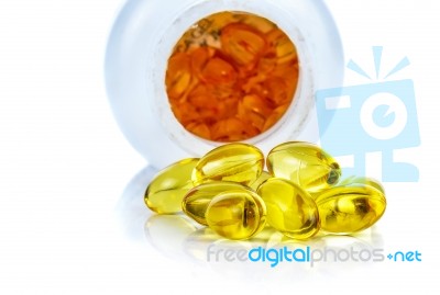 Fish Oil Capsules Isolated On The White Background Stock Photo