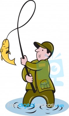 Fisherman Fly Fishing Reeling Fish Stock Image