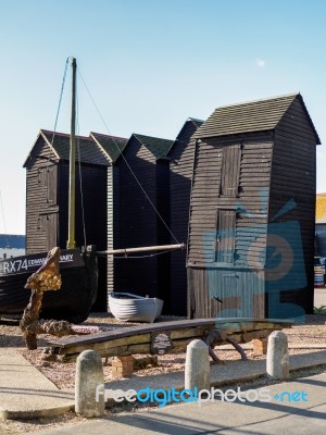 Fishermen's Sheds And Boat  In Hastings Stock Photo