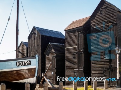 Fishermen's Sheds And Boat  In Hastings Stock Photo