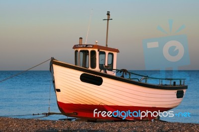 Fishing Boat On Dungeness Beach Stock Photo