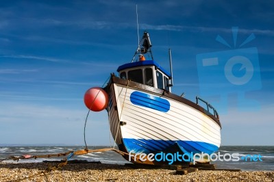 Fishing Boat On Dungeness Beach Stock Photo