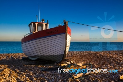 Fishing Boat On Dungeness Beach Stock Photo