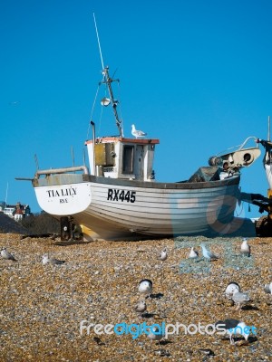 Fishing Boat On Hastings Beach Stock Photo