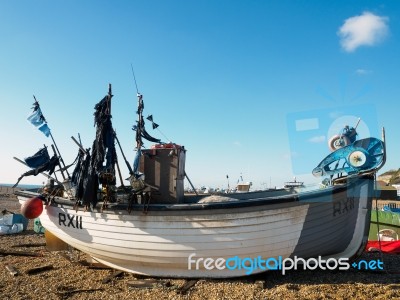 Fishing Boat On Hastings Beach Stock Photo