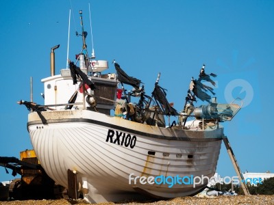 Fishing Boat On Hastings Beach Stock Photo