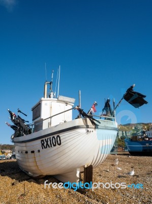 Fishing Boat On Hastings Beach Stock Photo