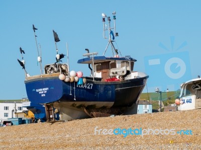 Fishing Boat On Hastings Beach Stock Photo