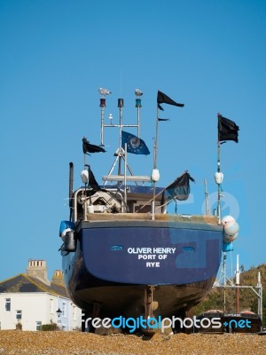 Fishing Boat On Hastings Beach Stock Photo