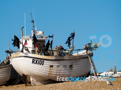 Fishing Boat On Hastings Beach Stock Photo