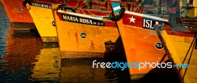 Fishing Boats Moored In The Port Of Mar Del Plata Stock Photo