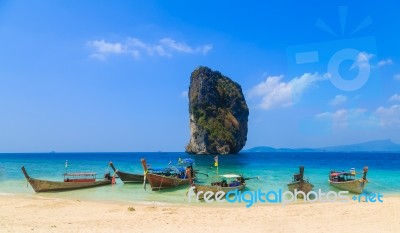 Fishing Boats On The Sea And Beutiful Island Stock Photo