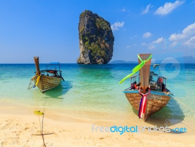 Fishing Boats On The Sea And Beutiful Island Stock Photo