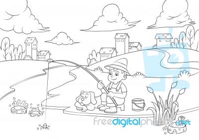 Fishing Boy For Coloring Book Stock Image