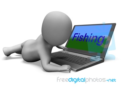 Fishing Character Laptop Means Sport Of Catching Fish On Web Stock Image