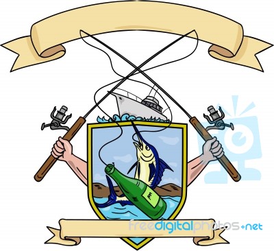 Fishing Rod Reel Blue Marlin Fish Beer Bottle Coat Of Arms Drawing Stock Image