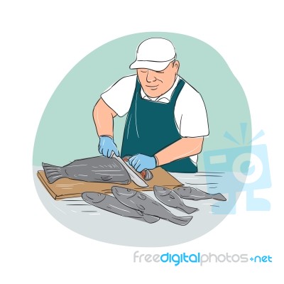 Fishmonger Cutting Fish Cartoon Stock Image