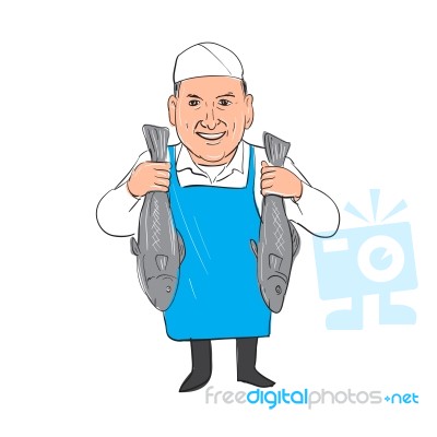 Fishmonger Holding Selling Fish Cartoon Stock Image