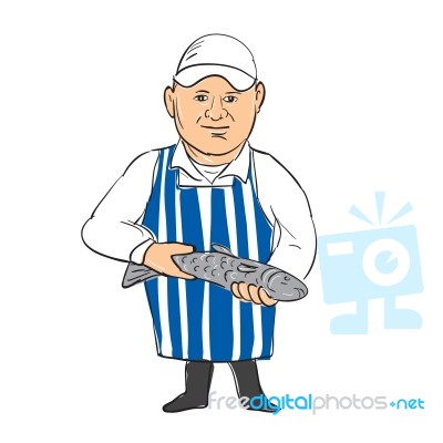 Fishmonger Selling Fish Drawing Stock Image