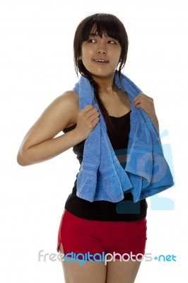 Fitness Asian Lady With Towel Stock Photo