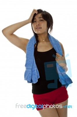 Fitness Asian Lady With Towel Stock Photo