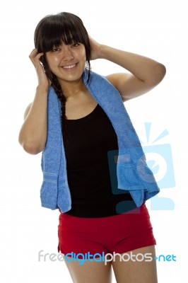 Fitness Asian Lady With Towel Stock Photo