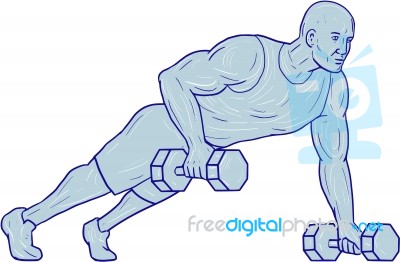 Fitness Athlete Push Up One Hand Dumbbell Drawing Stock Image