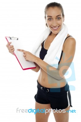 Fitness Freak Is Happy With Results On The Chart Stock Photo