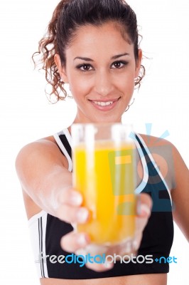 Fitness Girl Showing A Fresh Juice Stock Photo