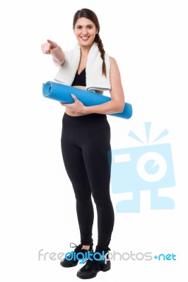 Fitness Lady Pointing You The Direction Stock Photo