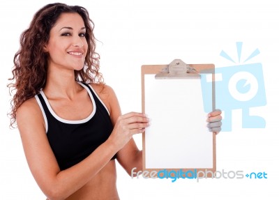 Fitness Lady Showing Clip Board Stock Photo