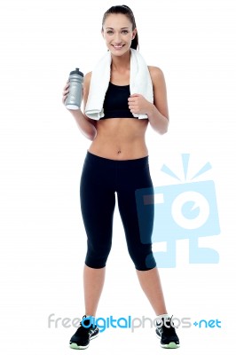 Fitness Woman Holding Sipper Bottle Stock Photo