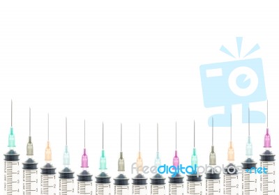 Five Color Medical Syringe Background On Curve Line View Stock Photo